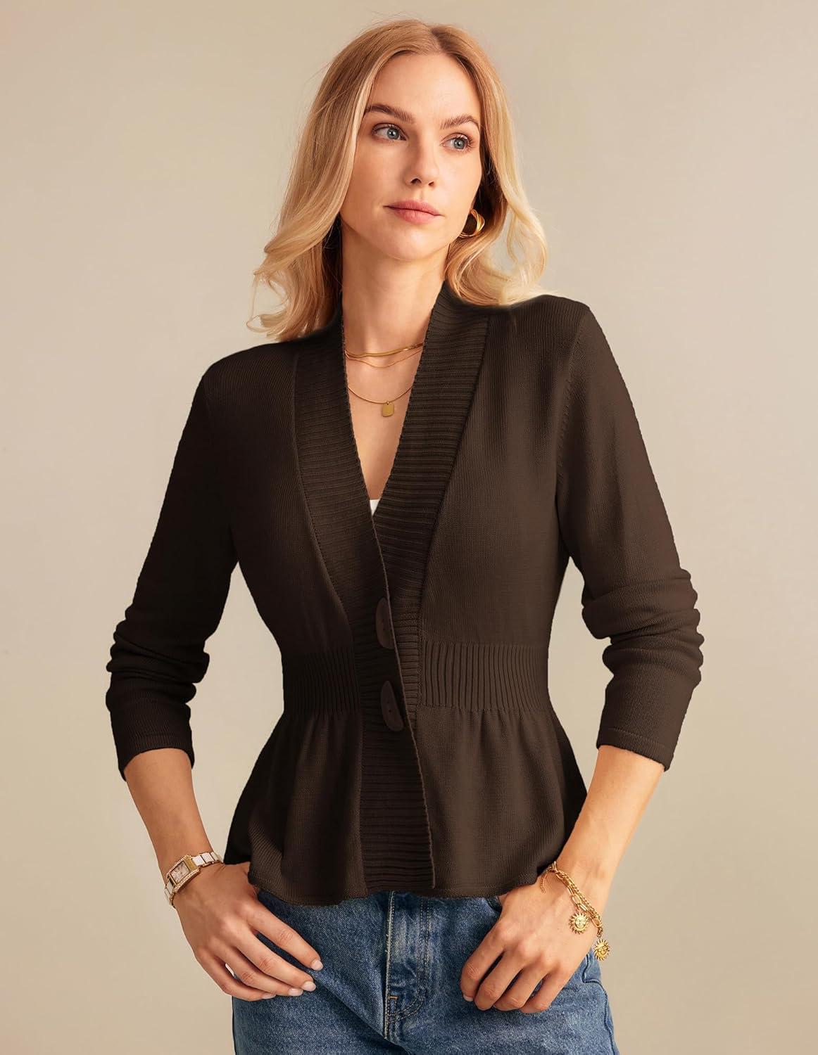 imageGRACE KARIN Women Cardigan Sweaters 2025 FallLong Sleeve Cropped Sweater Coat TrendyButton Front Peplum Tops LightweightCoffee
