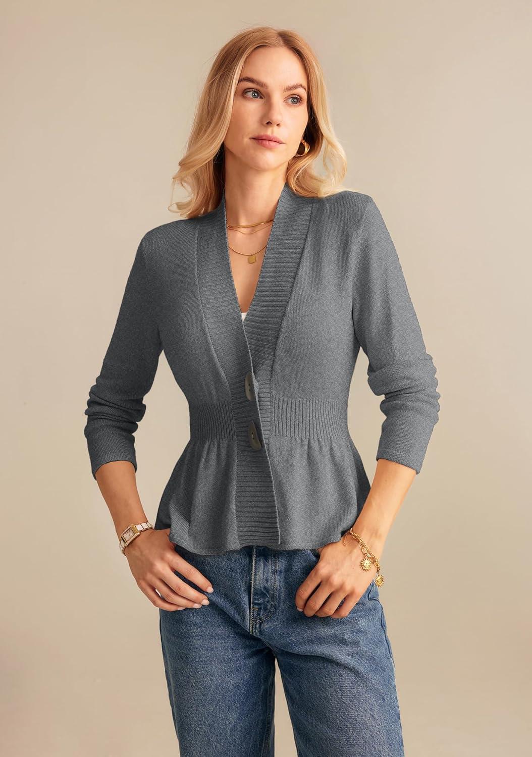 imageGRACE KARIN Women Cardigan Sweaters 2025 FallLong Sleeve Cropped Sweater Coat TrendyButton Front Peplum Tops LightweightGray