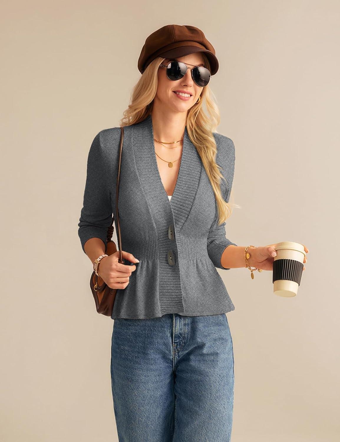 imageGRACE KARIN Women Cardigan Sweaters 2025 FallLong Sleeve Cropped Sweater Coat TrendyButton Front Peplum Tops LightweightGray