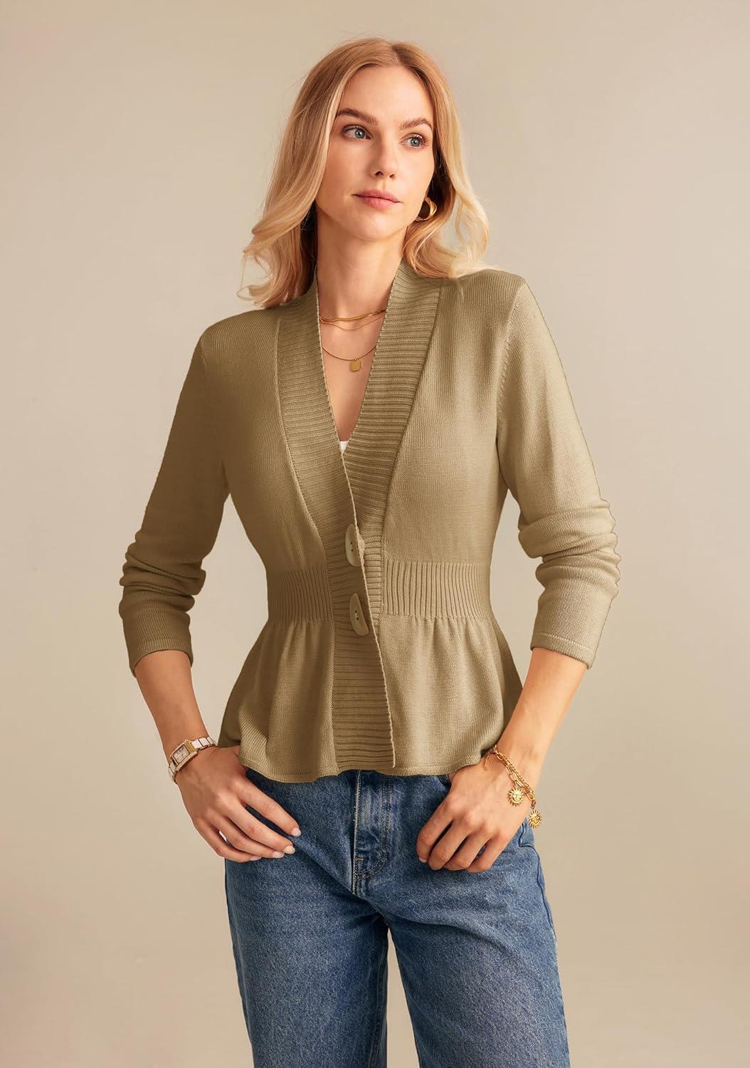 imageGRACE KARIN Women Cardigan Sweaters 2025 FallLong Sleeve Cropped Sweater Coat TrendyButton Front Peplum Tops LightweightKhaki