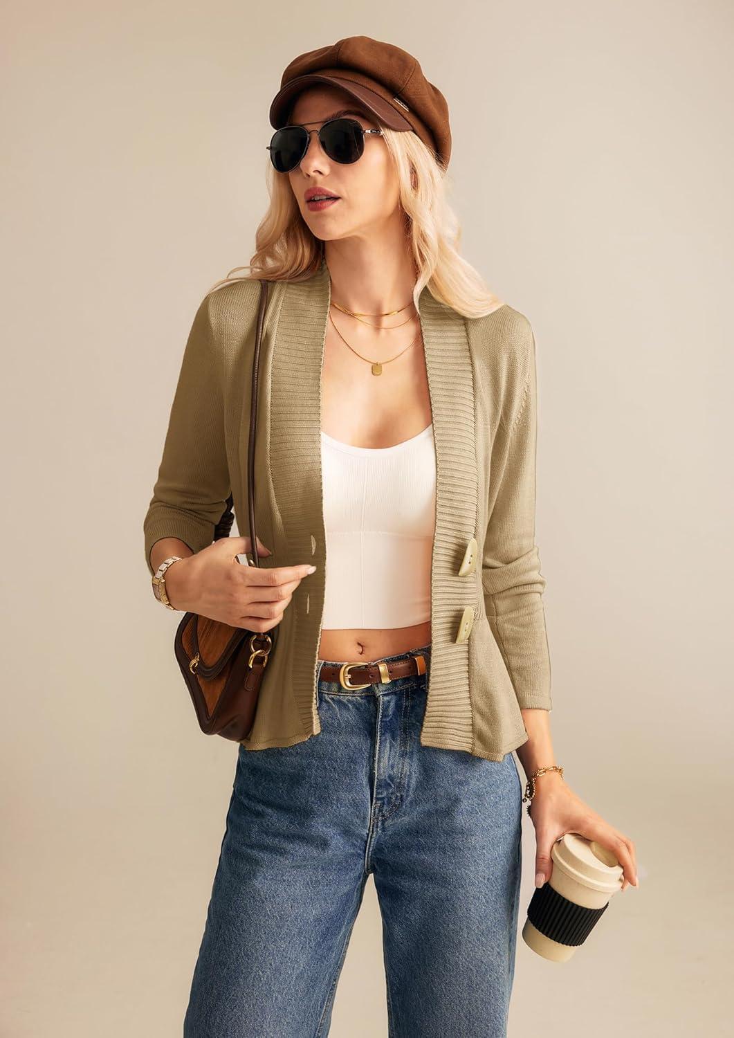 imageGRACE KARIN Women Cardigan Sweaters 2025 FallLong Sleeve Cropped Sweater Coat TrendyButton Front Peplum Tops LightweightKhaki