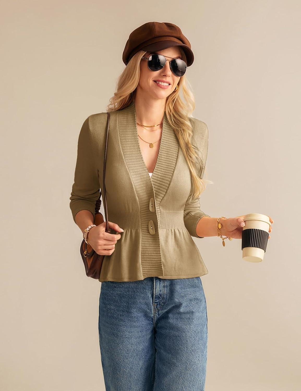 imageGRACE KARIN Women Cardigan Sweaters 2025 FallLong Sleeve Cropped Sweater Coat TrendyButton Front Peplum Tops LightweightKhaki