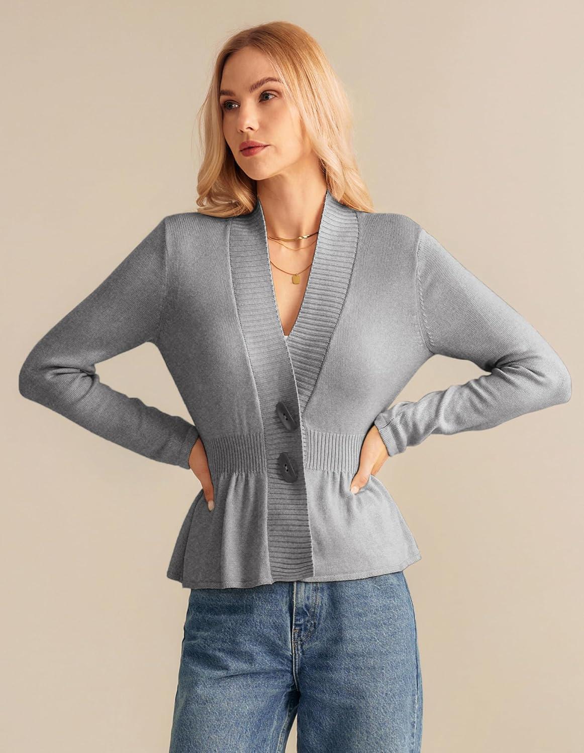 imageGRACE KARIN Women Cardigan Sweaters 2025 FallLong Sleeve Cropped Sweater Coat TrendyButton Front Peplum Tops LightweightLight Gray