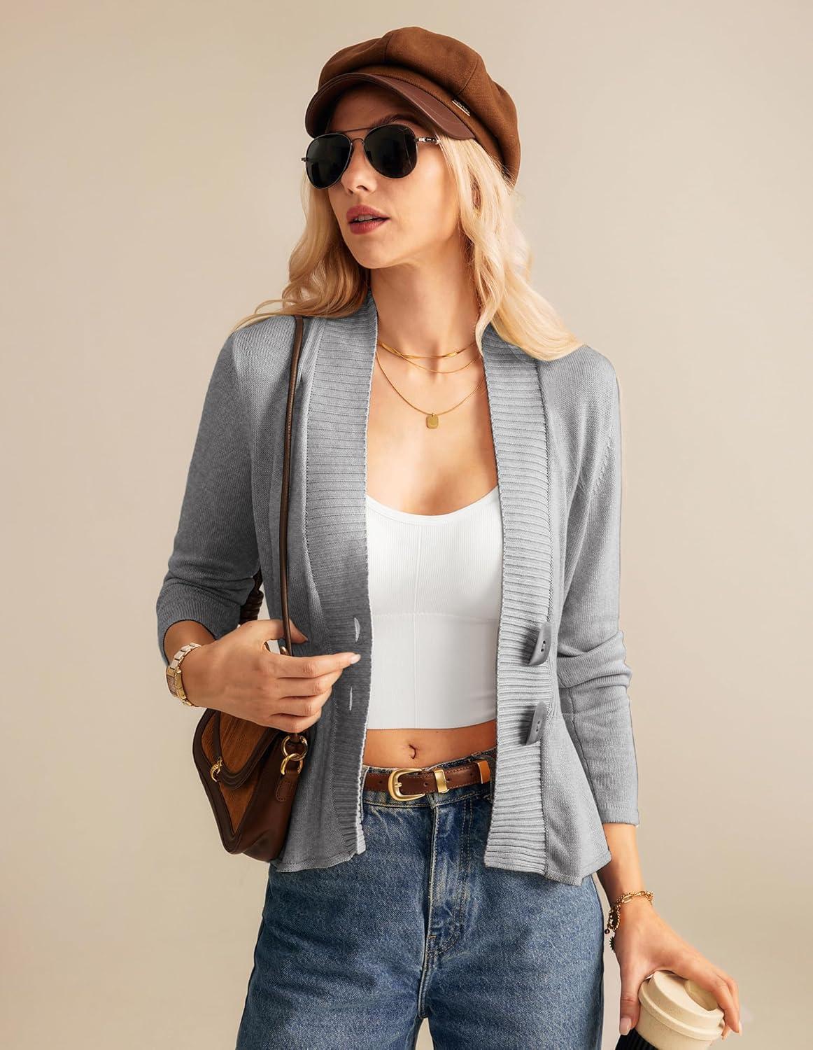 imageGRACE KARIN Women Cardigan Sweaters 2025 FallLong Sleeve Cropped Sweater Coat TrendyButton Front Peplum Tops LightweightLight Gray