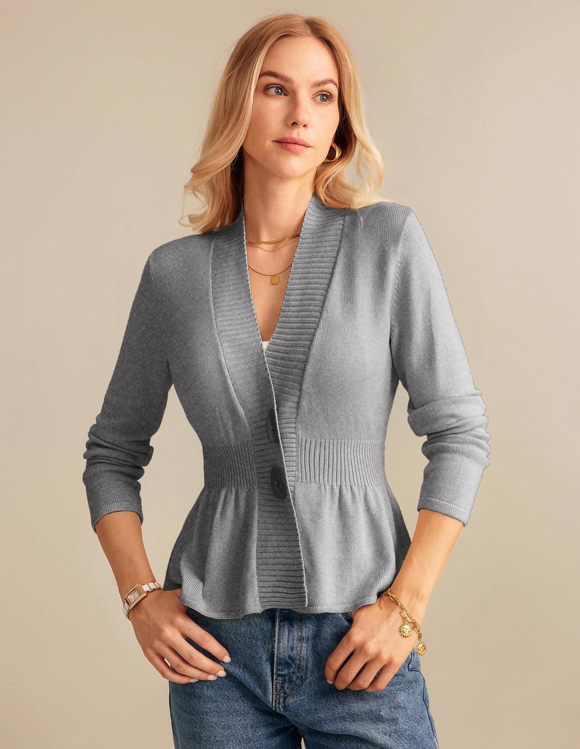 imageGRACE KARIN Women Cardigan Sweaters 2025 FallLong Sleeve Cropped Sweater Coat TrendyButton Front Peplum Tops LightweightLight Gray