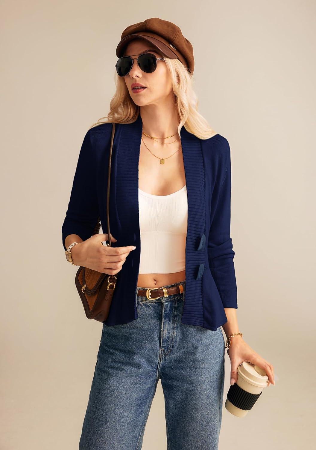 imageGRACE KARIN Women Cardigan Sweaters 2025 FallLong Sleeve Cropped Sweater Coat TrendyButton Front Peplum Tops LightweightNavy Blue