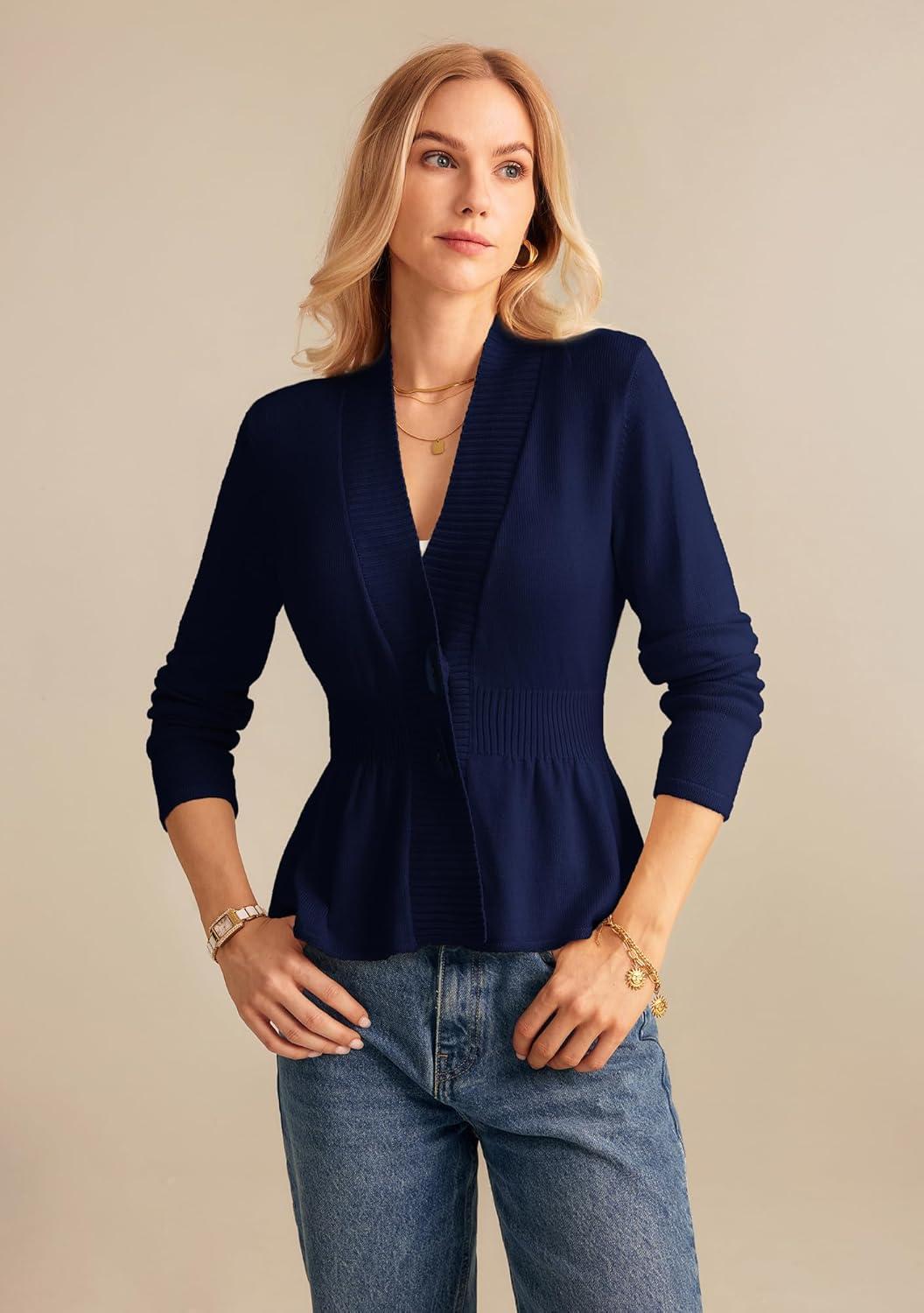 imageGRACE KARIN Women Cardigan Sweaters 2025 FallLong Sleeve Cropped Sweater Coat TrendyButton Front Peplum Tops LightweightNavy Blue