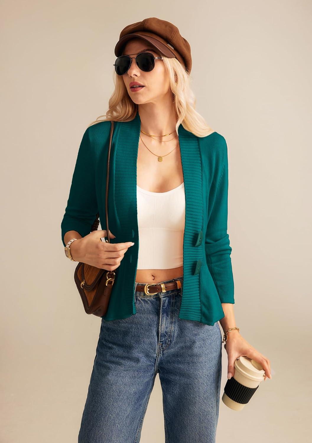 imageGRACE KARIN Women Cardigan Sweaters 2025 FallLong Sleeve Cropped Sweater Coat TrendyButton Front Peplum Tops LightweightPeacock Blue