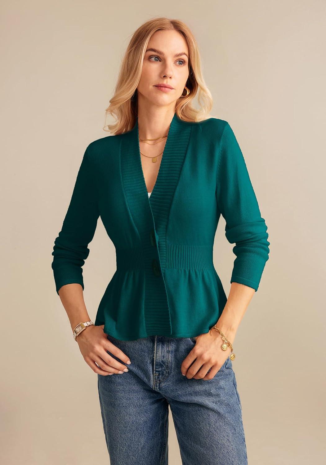 imageGRACE KARIN Women Cardigan Sweaters 2025 FallLong Sleeve Cropped Sweater Coat TrendyButton Front Peplum Tops LightweightPeacock Blue