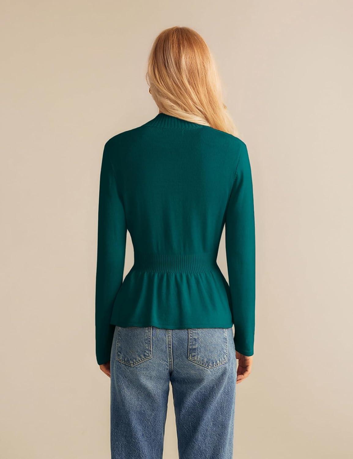 imageGRACE KARIN Women Cardigan Sweaters 2025 FallLong Sleeve Cropped Sweater Coat TrendyButton Front Peplum Tops LightweightPeacock Blue