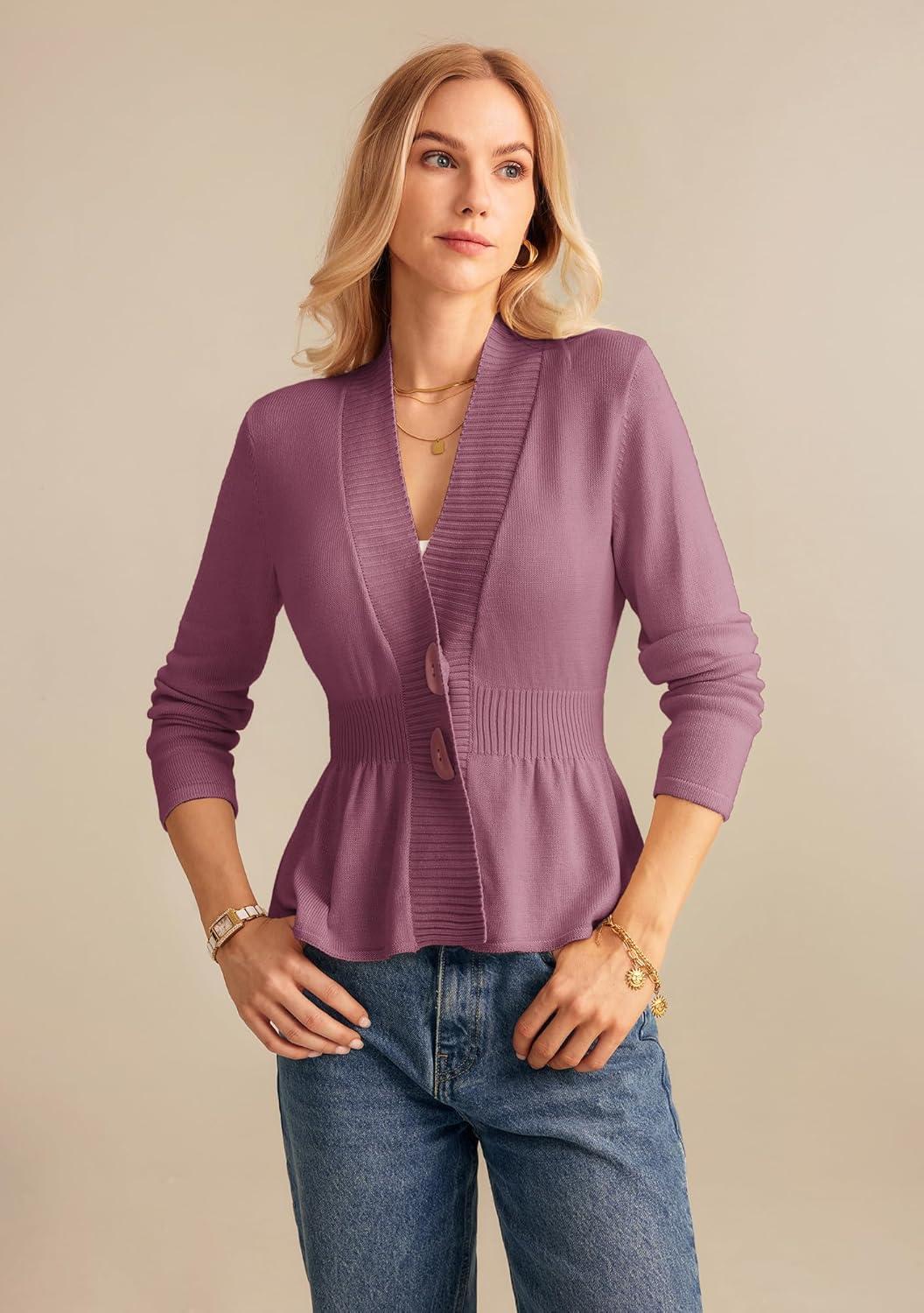 imageGRACE KARIN Women Cardigan Sweaters 2025 FallLong Sleeve Cropped Sweater Coat TrendyButton Front Peplum Tops LightweightPink