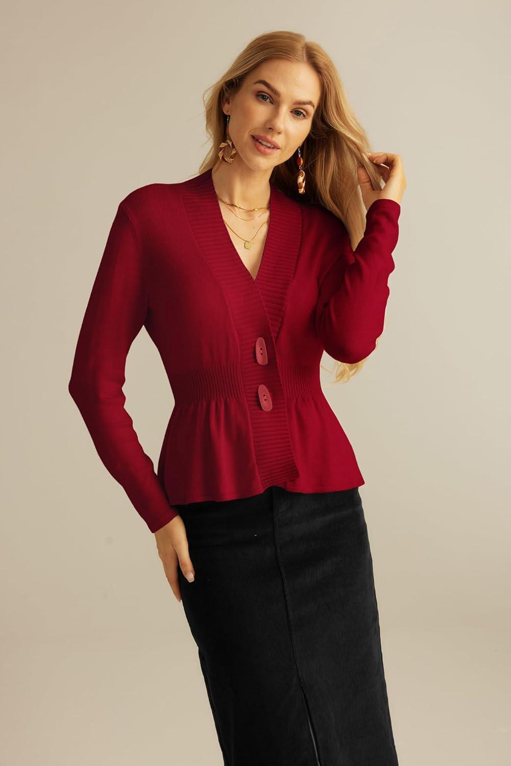 imageGRACE KARIN Women Cardigan Sweaters 2025 FallLong Sleeve Cropped Sweater Coat TrendyButton Front Peplum Tops LightweightRed