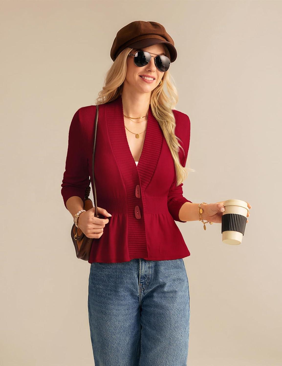 imageGRACE KARIN Women Cardigan Sweaters 2025 FallLong Sleeve Cropped Sweater Coat TrendyButton Front Peplum Tops LightweightRed