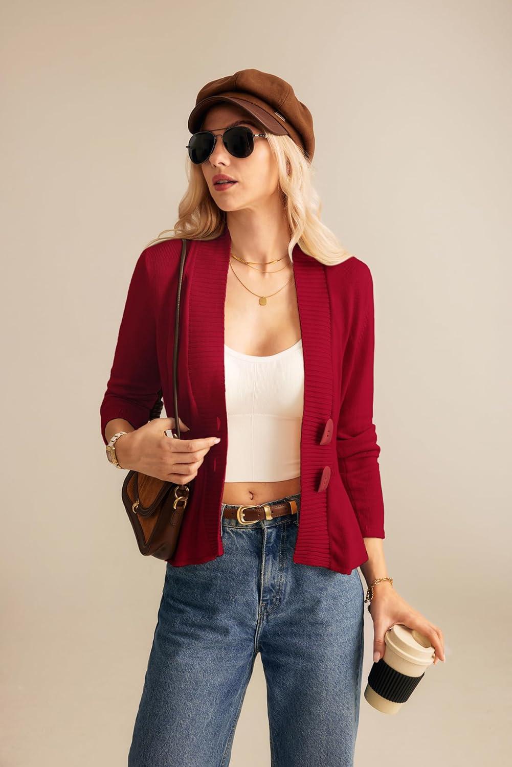 imageGRACE KARIN Women Cardigan Sweaters 2025 FallLong Sleeve Cropped Sweater Coat TrendyButton Front Peplum Tops LightweightRed