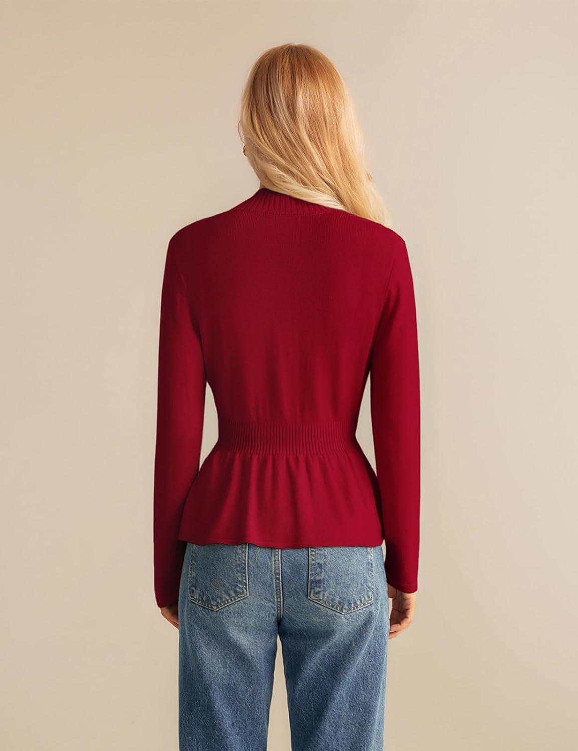 imageGRACE KARIN Women Cardigan Sweaters 2025 FallLong Sleeve Cropped Sweater Coat TrendyButton Front Peplum Tops LightweightRed