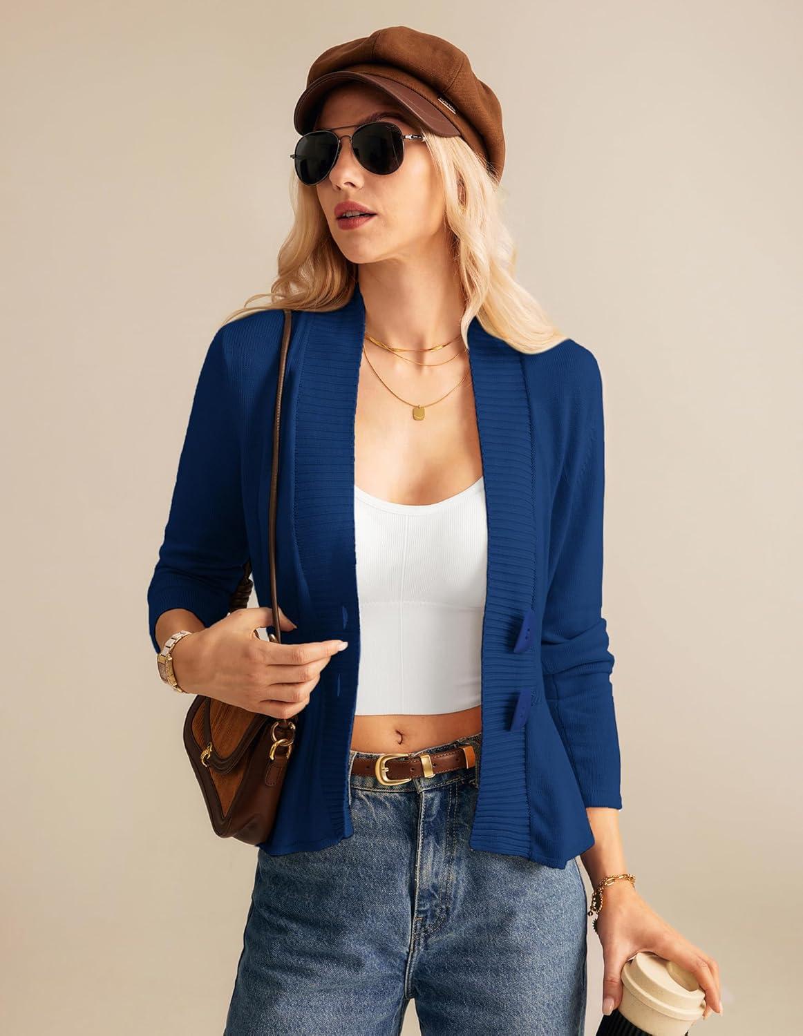 imageGRACE KARIN Women Cardigan Sweaters 2025 FallLong Sleeve Cropped Sweater Coat TrendyButton Front Peplum Tops LightweightRoyal Blue