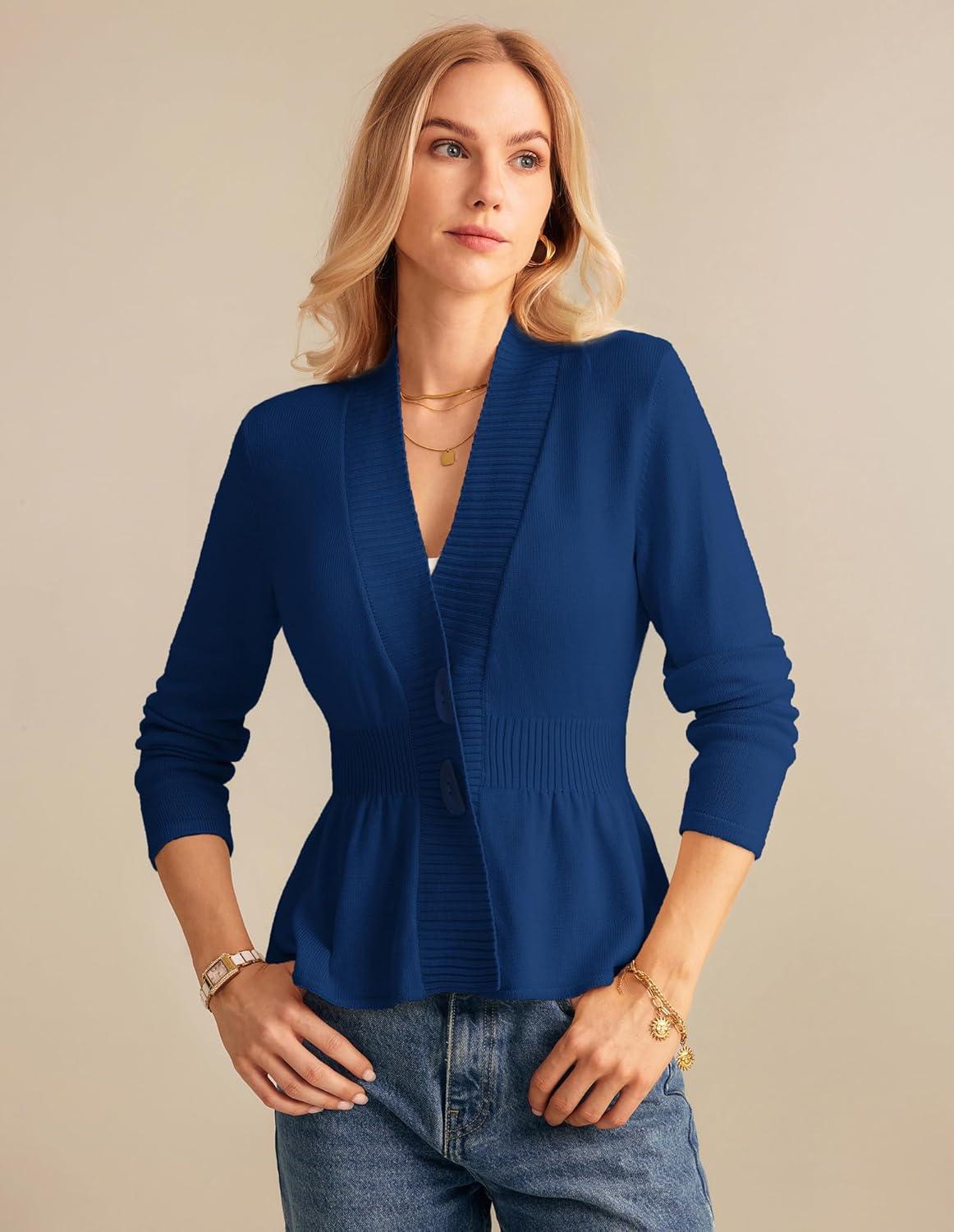 imageGRACE KARIN Women Cardigan Sweaters 2025 FallLong Sleeve Cropped Sweater Coat TrendyButton Front Peplum Tops LightweightRoyal Blue