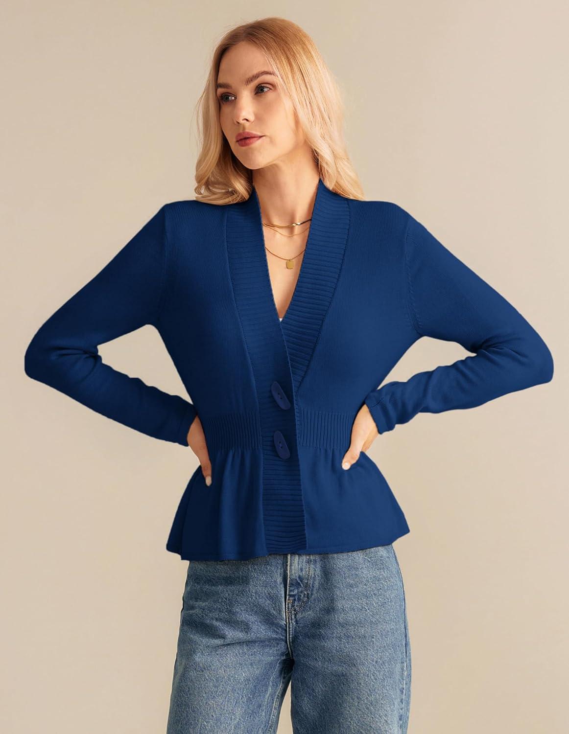 imageGRACE KARIN Women Cardigan Sweaters 2025 FallLong Sleeve Cropped Sweater Coat TrendyButton Front Peplum Tops LightweightRoyal Blue