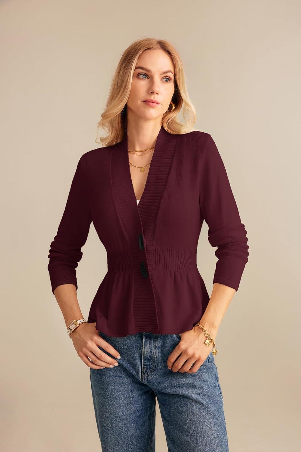 imageGRACE KARIN Women Cardigan Sweaters 2025 FallLong Sleeve Cropped Sweater Coat TrendyButton Front Peplum Tops LightweightWine Red