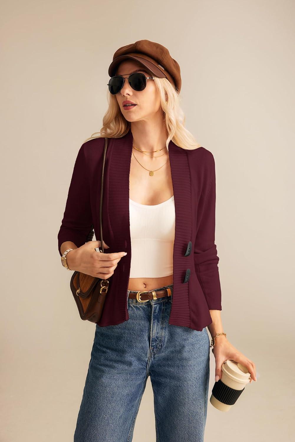 imageGRACE KARIN Women Cardigan Sweaters 2025 FallLong Sleeve Cropped Sweater Coat TrendyButton Front Peplum Tops LightweightWine Red