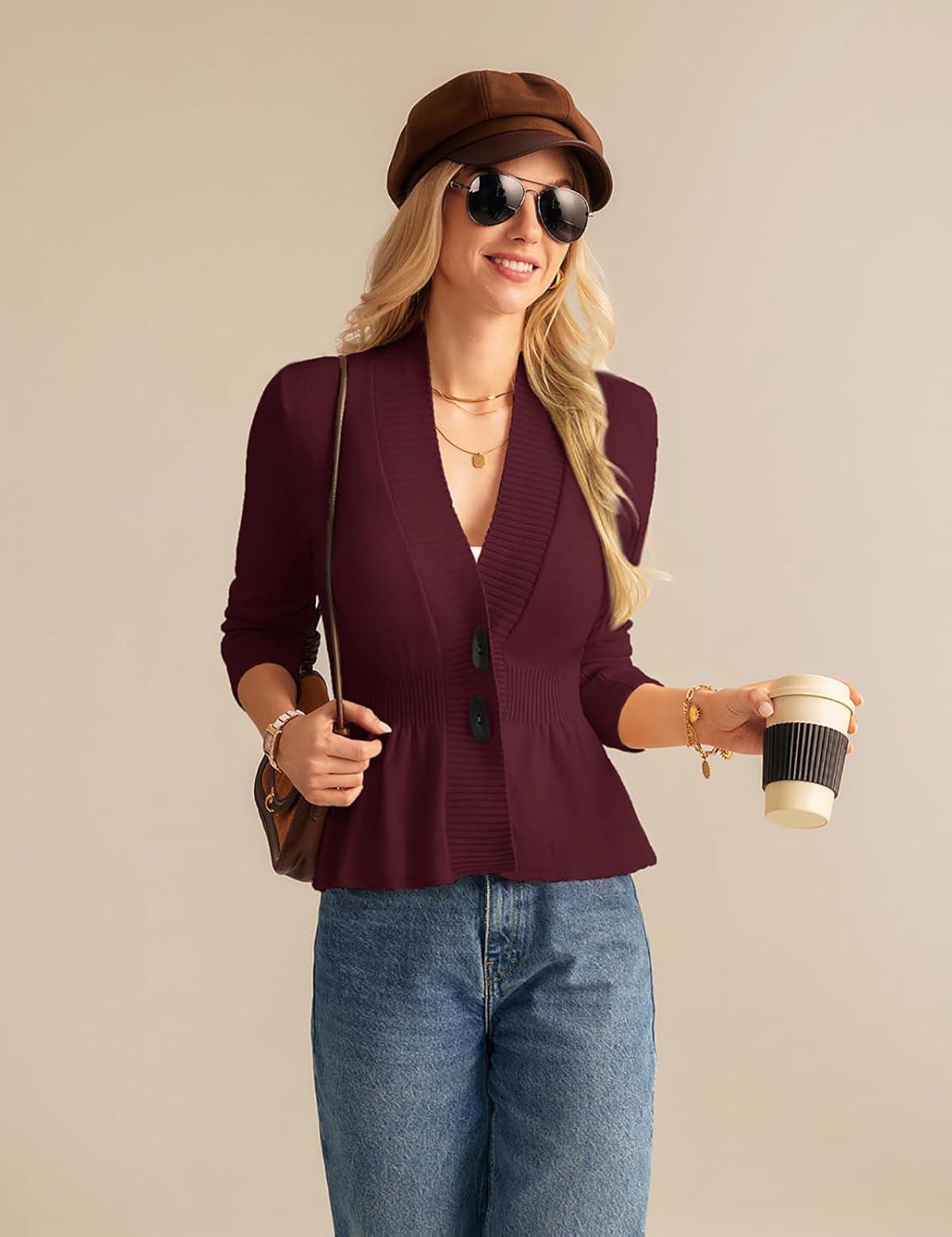 imageGRACE KARIN Women Cardigan Sweaters 2025 FallLong Sleeve Cropped Sweater Coat TrendyButton Front Peplum Tops LightweightWine Red