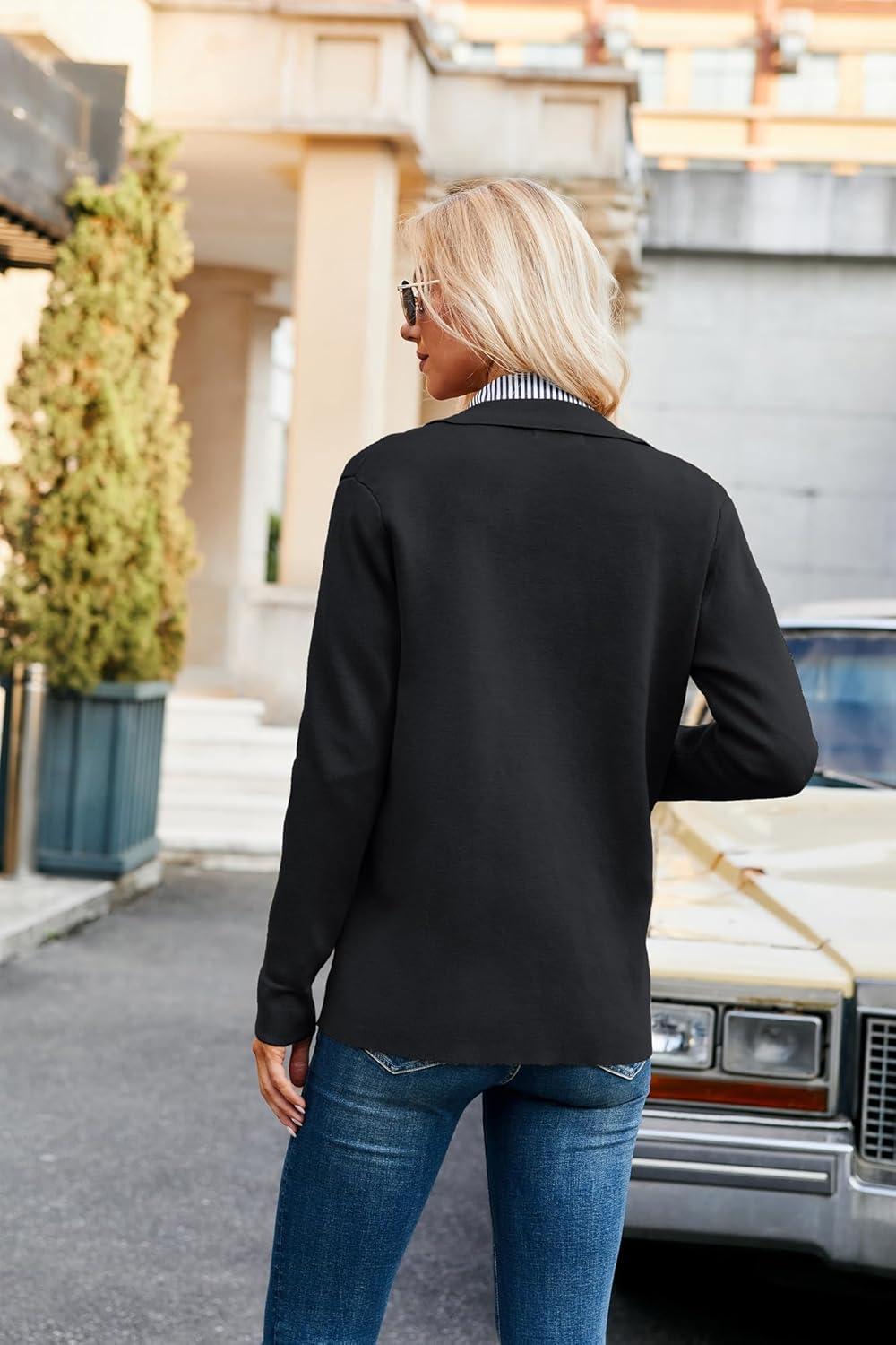 imageGRACE KARIN Women Casual Cardigan Knit Button Down Jacket Long Sleeve Sweater Blazer with PocketsBlack