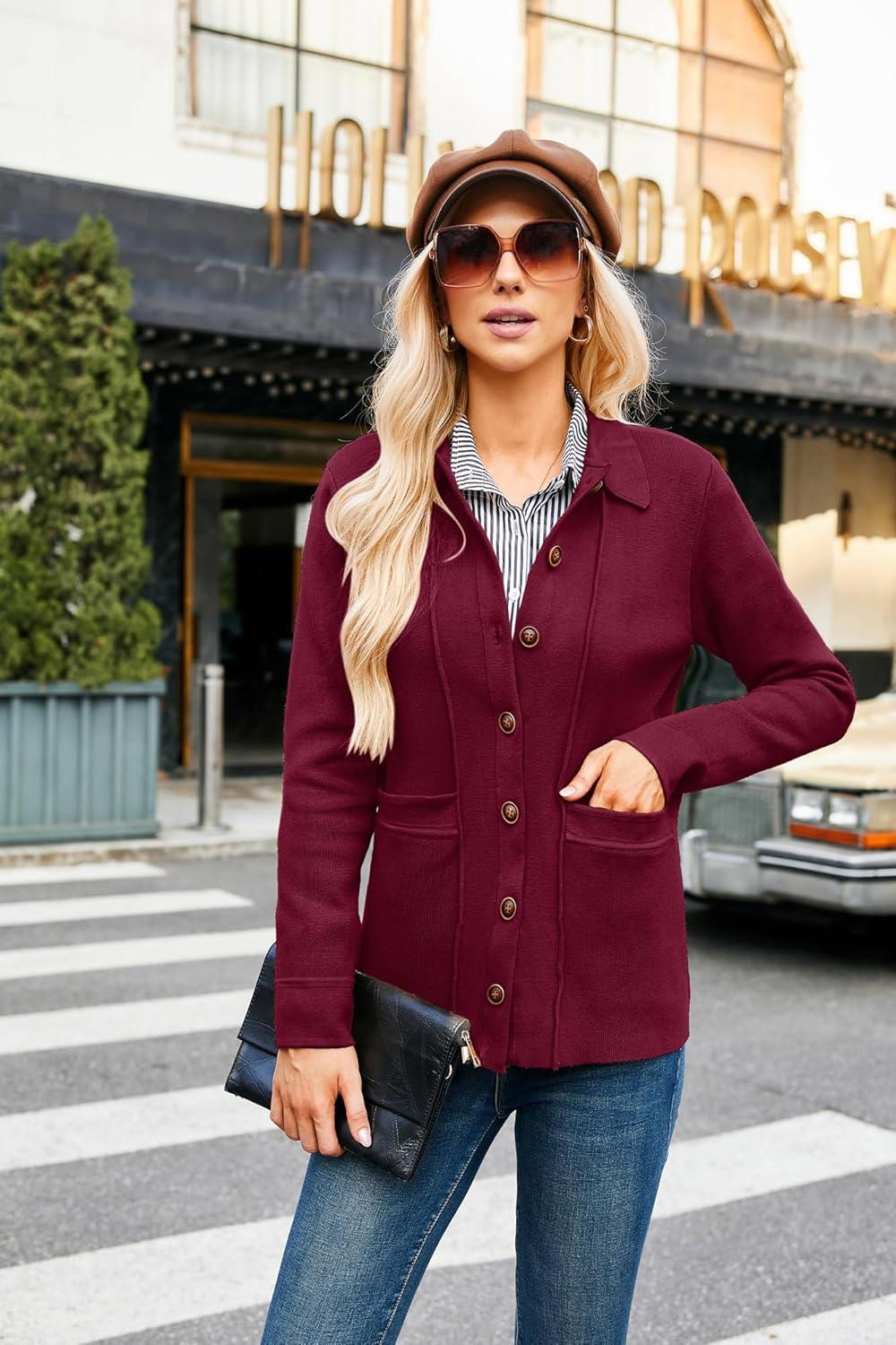 imageGRACE KARIN Women Casual Cardigan Knit Button Down Jacket Long Sleeve Sweater Blazer with PocketsBurgundy
