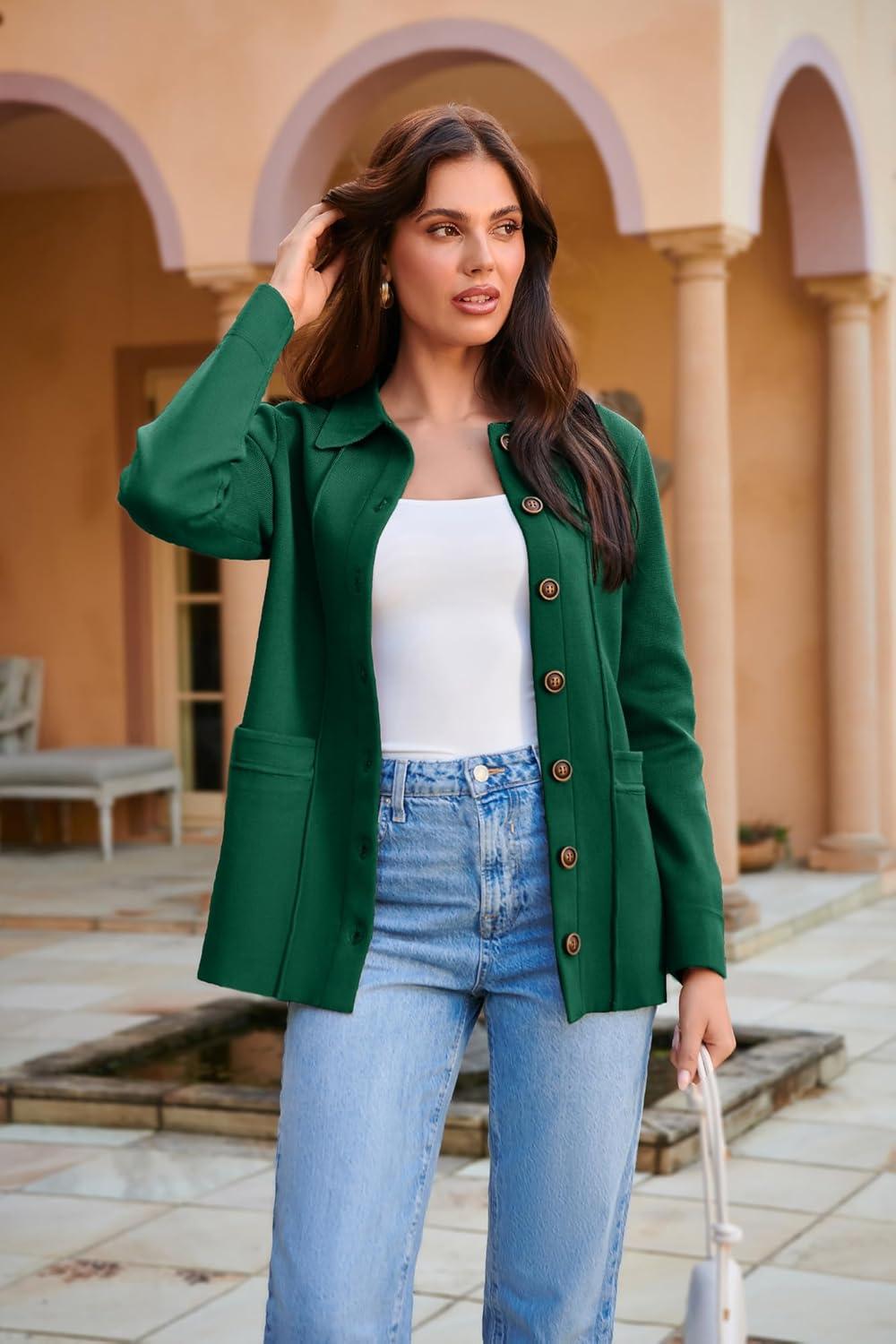 imageGRACE KARIN Women Casual Cardigan Knit Button Down Jacket Long Sleeve Sweater Blazer with PocketsGreen