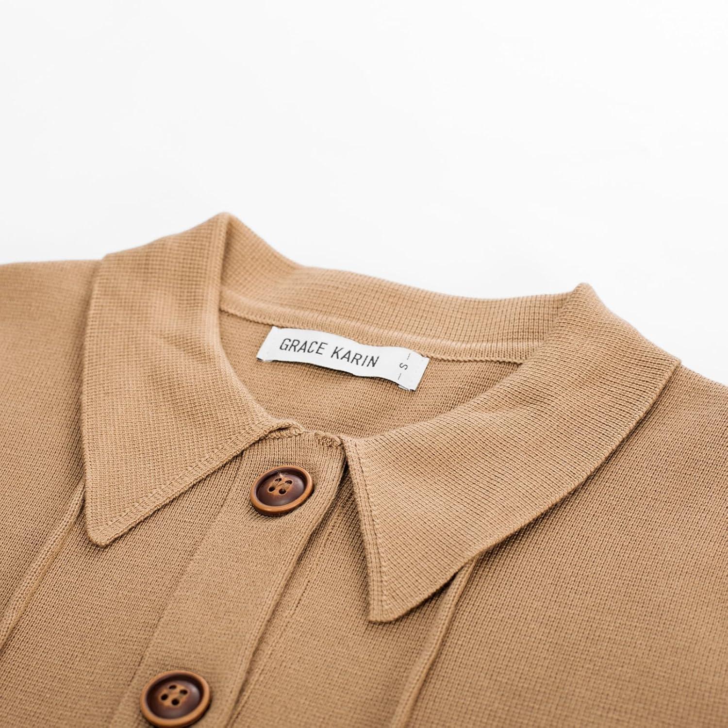 imageGRACE KARIN Women Casual Cardigan Knit Button Down Jacket Long Sleeve Sweater Blazer with PocketsKhaki