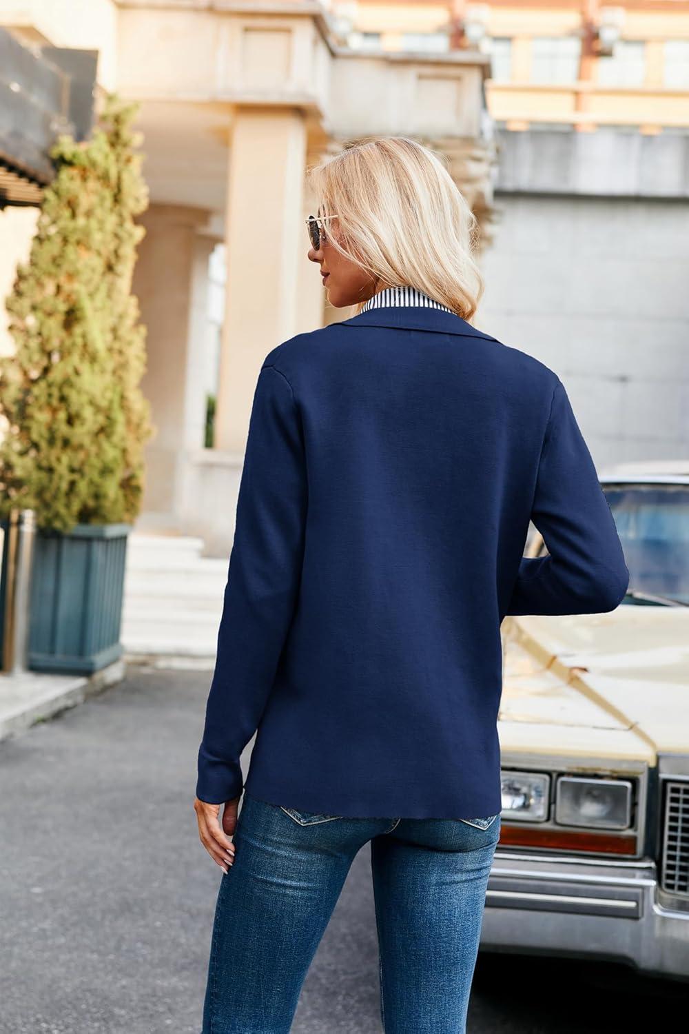 imageGRACE KARIN Women Casual Cardigan Knit Button Down Jacket Long Sleeve Sweater Blazer with PocketsNavy Blue