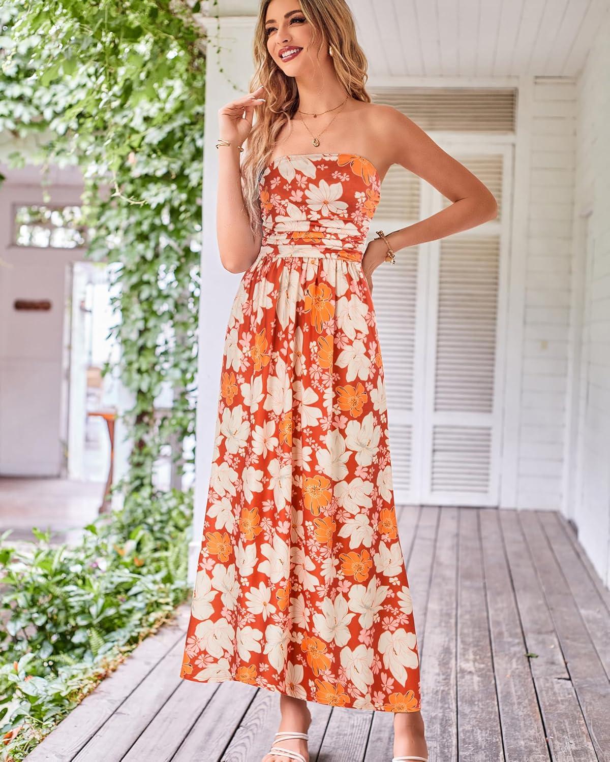 imageGRACE KARIN Women Strapless Dress Casual Loose Ruched Long Maxi Dress with PocketsApricot Flower