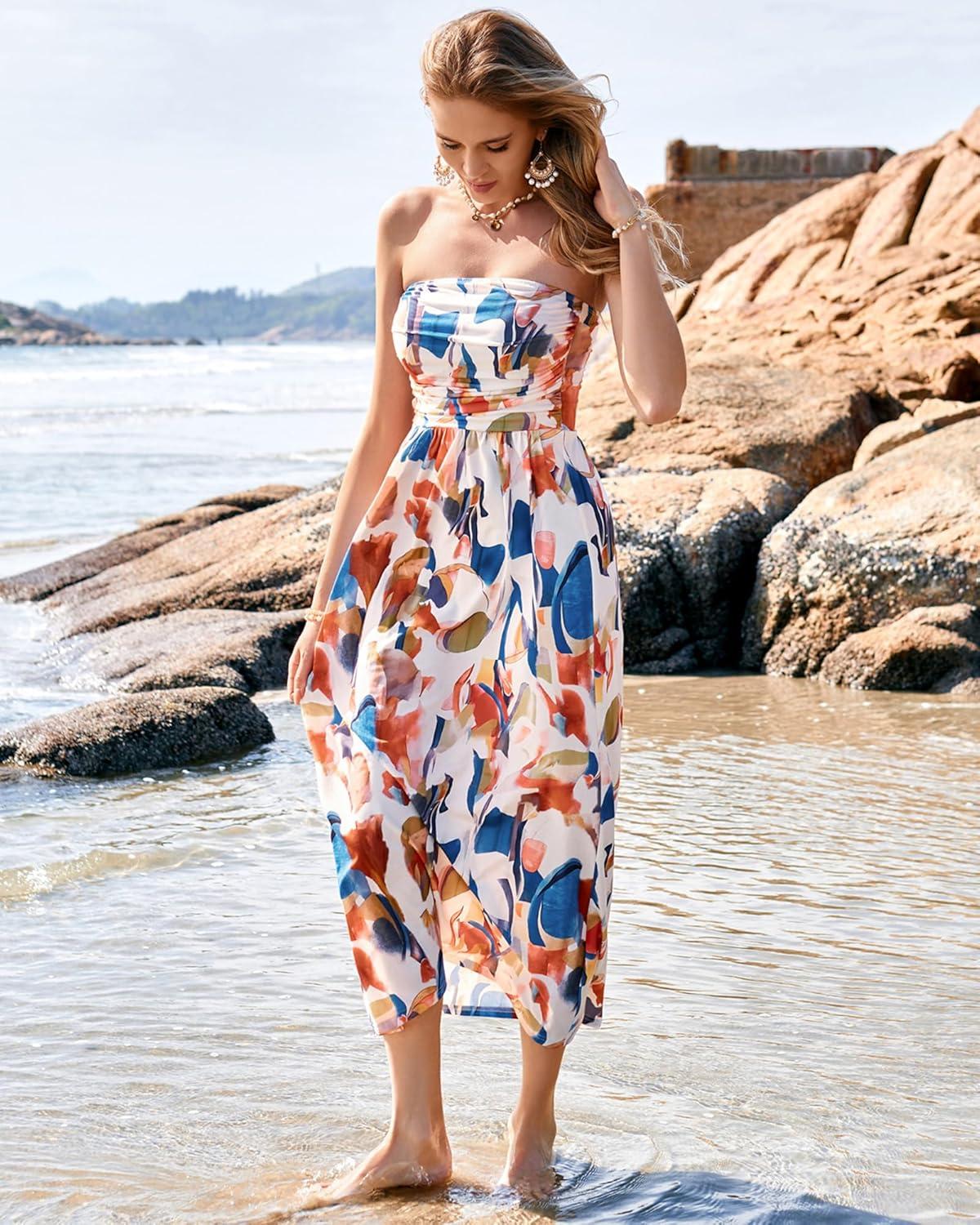 imageGRACE KARIN Women Strapless Dress Casual Loose Ruched Long Maxi Dress with PocketsBlue Brown