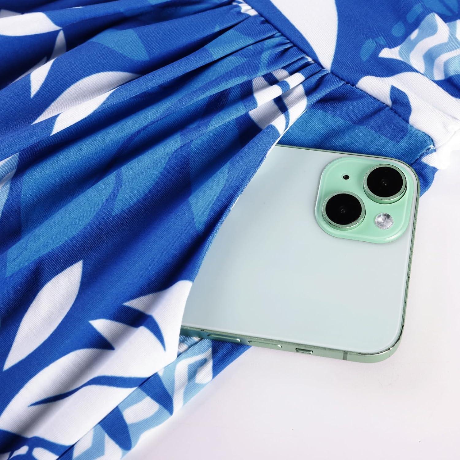 imageGRACE KARIN Women Strapless Dress Casual Loose Ruched Long Maxi Dress with PocketsBlue Coconut Tree