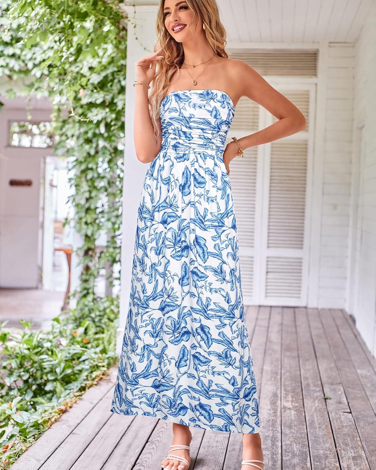 imageGRACE KARIN Women Strapless Dress Casual Loose Ruched Long Maxi Dress with PocketsBlue Leaves White