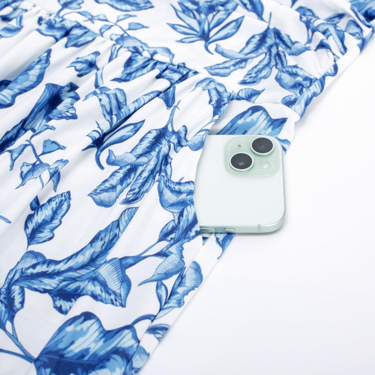 imageGRACE KARIN Women Strapless Dress Casual Loose Ruched Long Maxi Dress with PocketsBlue Leaves White