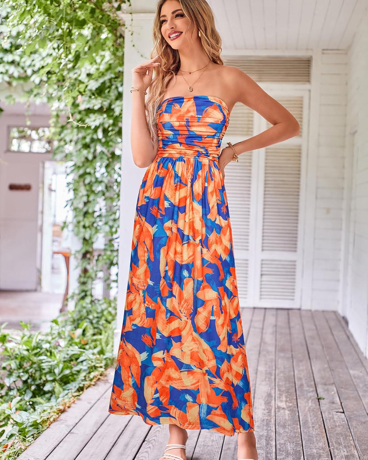 imageGRACE KARIN Women Strapless Dress Casual Loose Ruched Long Maxi Dress with PocketsBlue Orange