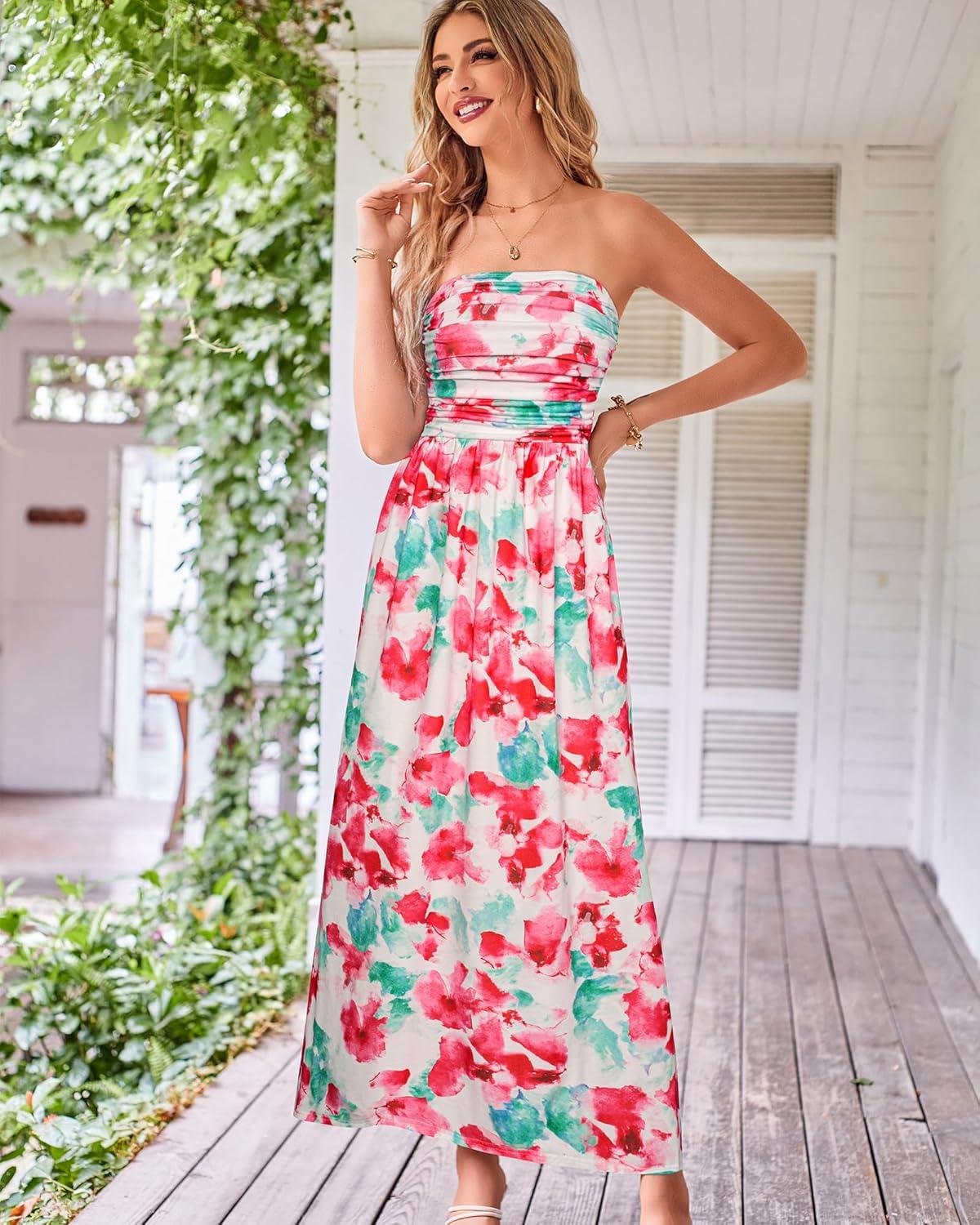 imageGRACE KARIN Women Strapless Dress Casual Loose Ruched Long Maxi Dress with PocketsBlue Pink Flower