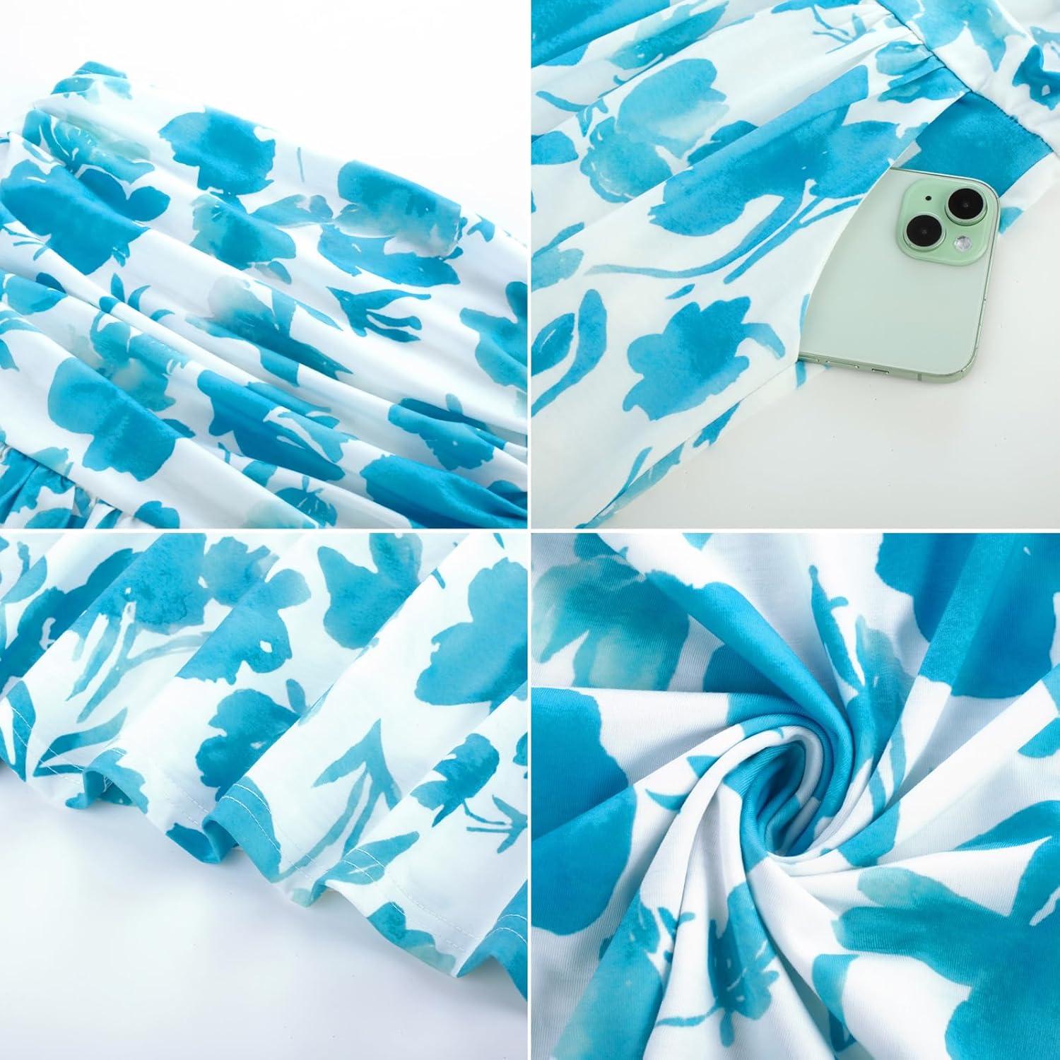 imageGRACE KARIN Women Strapless Dress Casual Loose Ruched Long Maxi Dress with PocketsBlue White Floral
