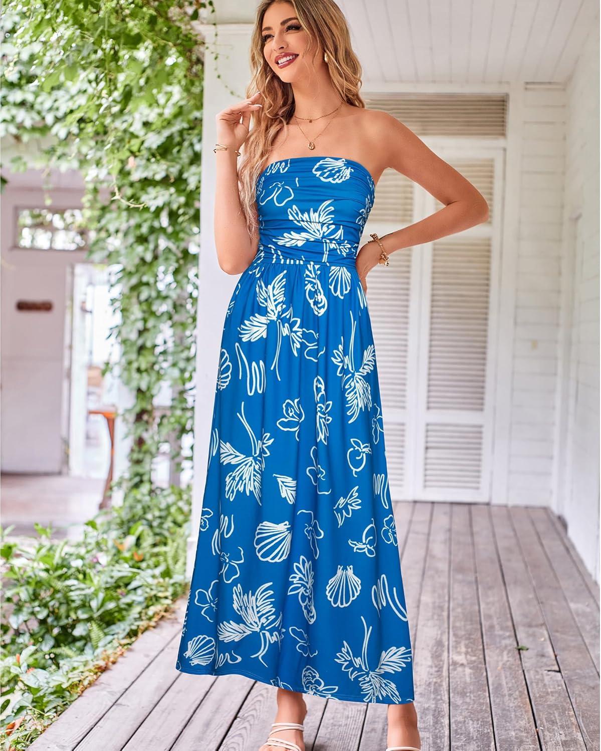 imageGRACE KARIN Women Strapless Dress Casual Loose Ruched Long Maxi Dress with PocketsBlue White Ocean