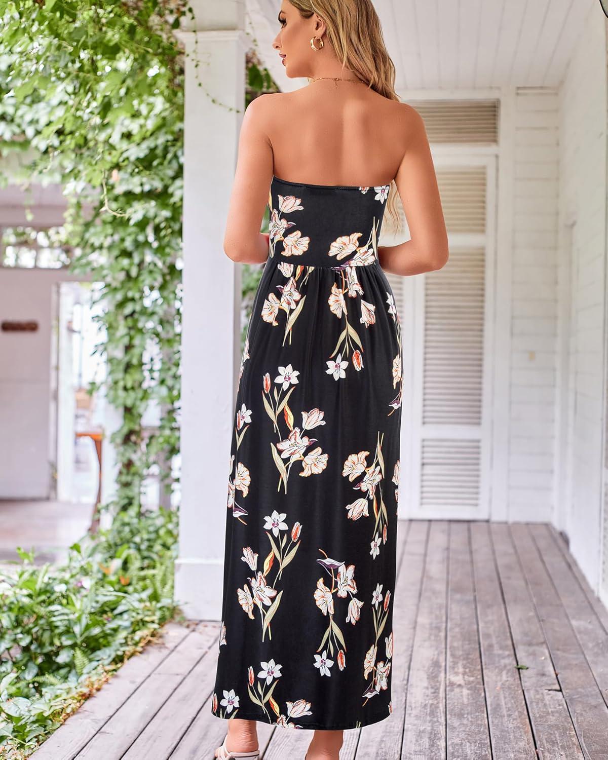 imageGRACE KARIN Women Strapless Dress Casual Loose Ruched Long Maxi Dress with PocketsFloral Black