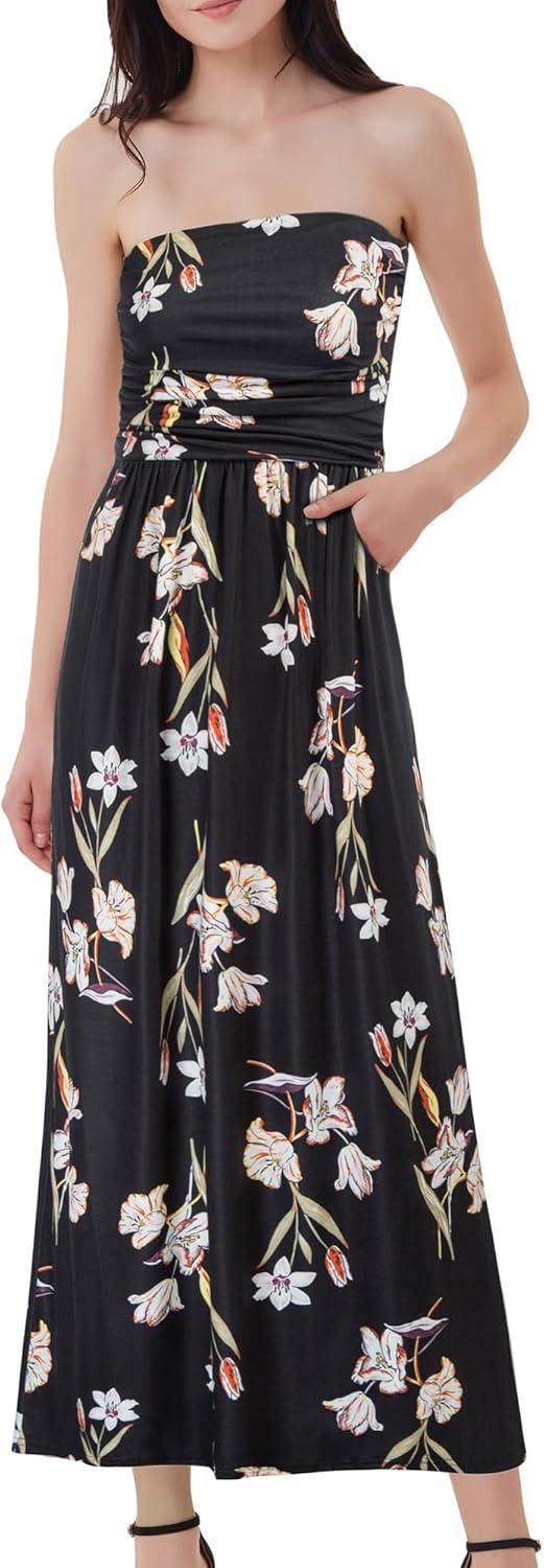 imageGRACE KARIN Women Strapless Dress Casual Loose Ruched Long Maxi Dress with PocketsFloral Black