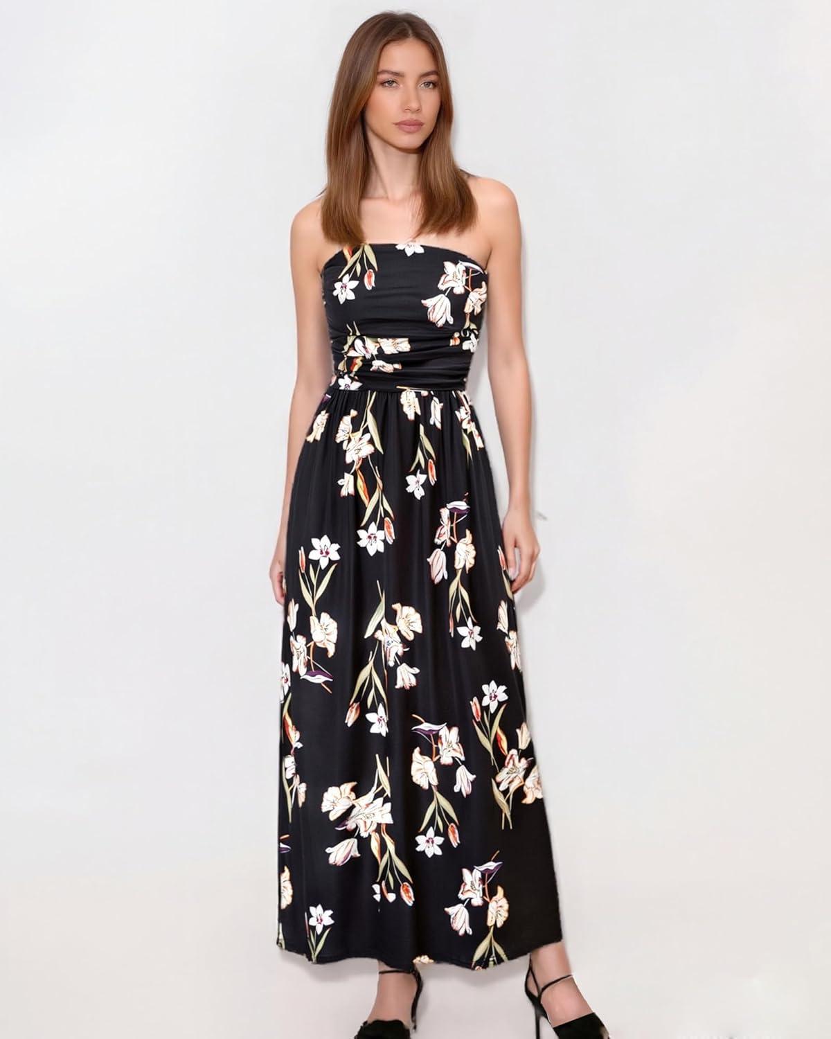 imageGRACE KARIN Women Strapless Dress Casual Loose Ruched Long Maxi Dress with PocketsFloral Black