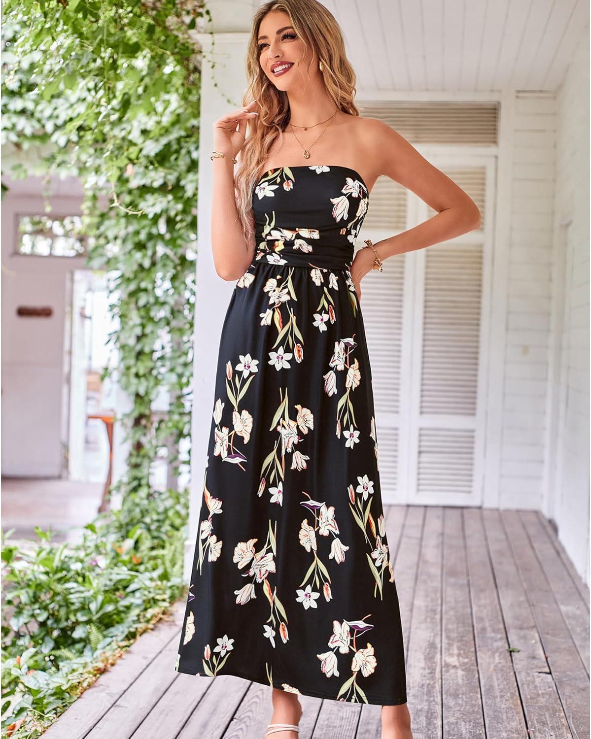 imageGRACE KARIN Women Strapless Dress Casual Loose Ruched Long Maxi Dress with PocketsFloral Black