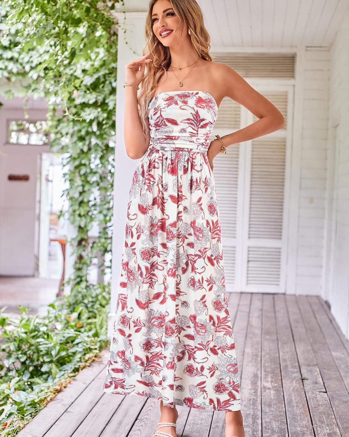 imageGRACE KARIN Women Strapless Dress Casual Loose Ruched Long Maxi Dress with PocketsFloral Pink