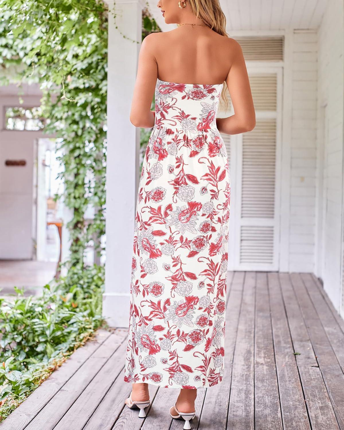 imageGRACE KARIN Women Strapless Dress Casual Loose Ruched Long Maxi Dress with PocketsFloral Pink