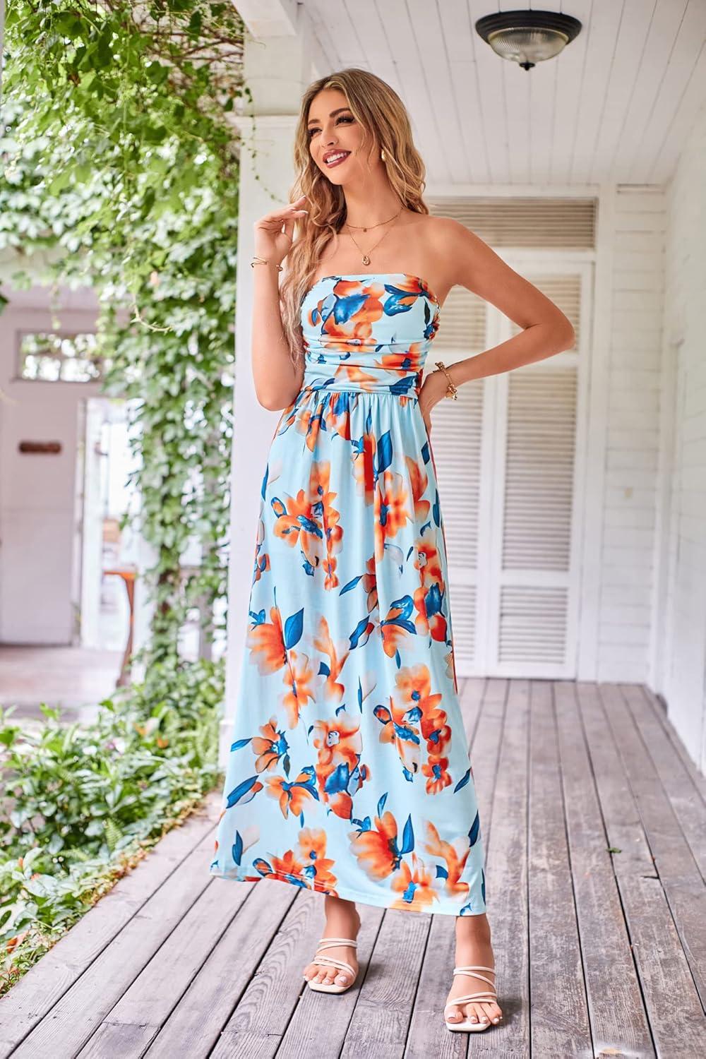 imageGRACE KARIN Women Strapless Dress Casual Loose Ruched Long Maxi Dress with PocketsFlorallight Blueorange
