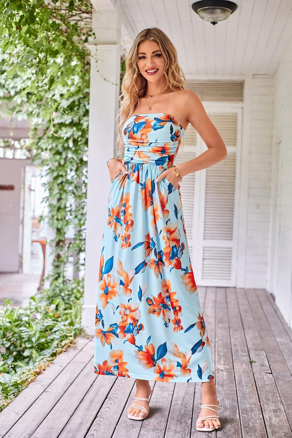 imageGRACE KARIN Women Strapless Dress Casual Loose Ruched Long Maxi Dress with PocketsFlorallight Blueorange