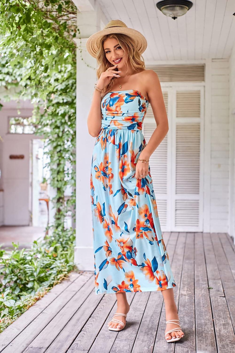 imageGRACE KARIN Women Strapless Dress Casual Loose Ruched Long Maxi Dress with PocketsFlorallight Blueorange