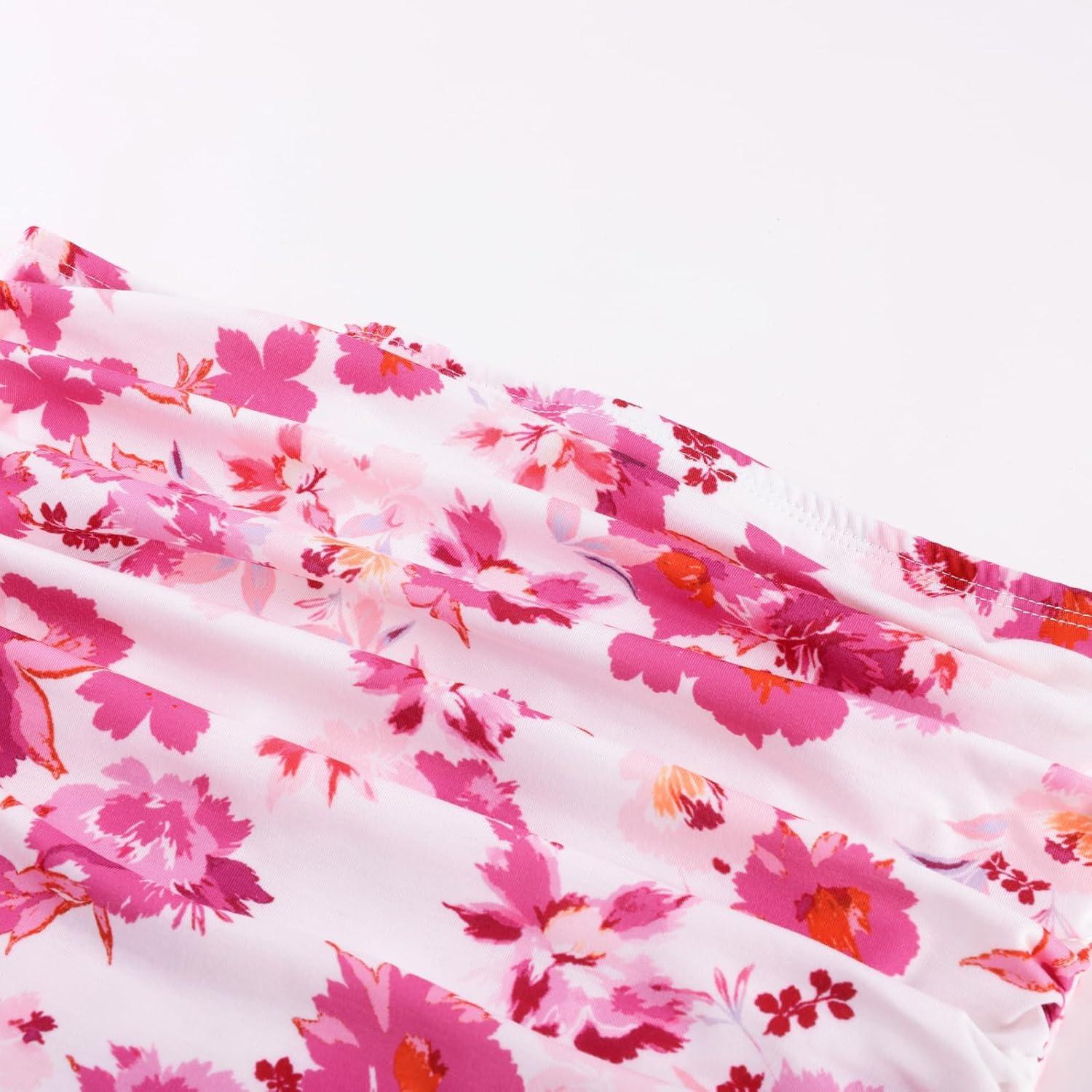 imageGRACE KARIN Women Strapless Dress Casual Loose Ruched Long Maxi Dress with PocketsFlower Pink