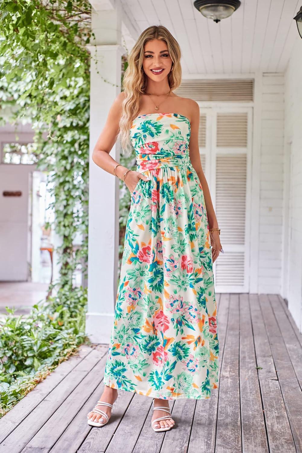 imageGRACE KARIN Women Strapless Dress Casual Loose Ruched Long Maxi Dress with PocketsGreen Floral